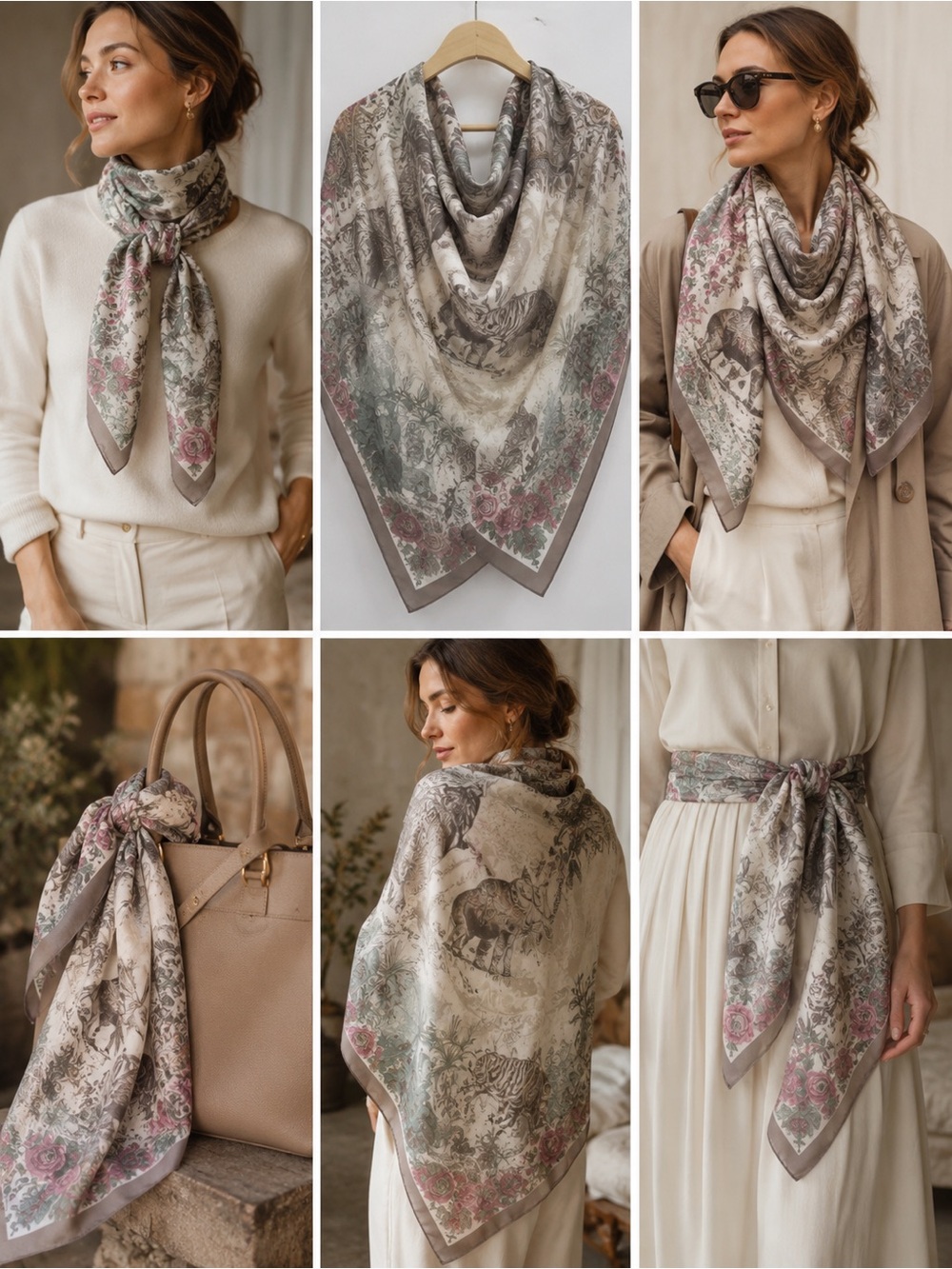 India Inspired Elephant Tiger Botanical Art Scarf Silk Feel Square Wrap 34”